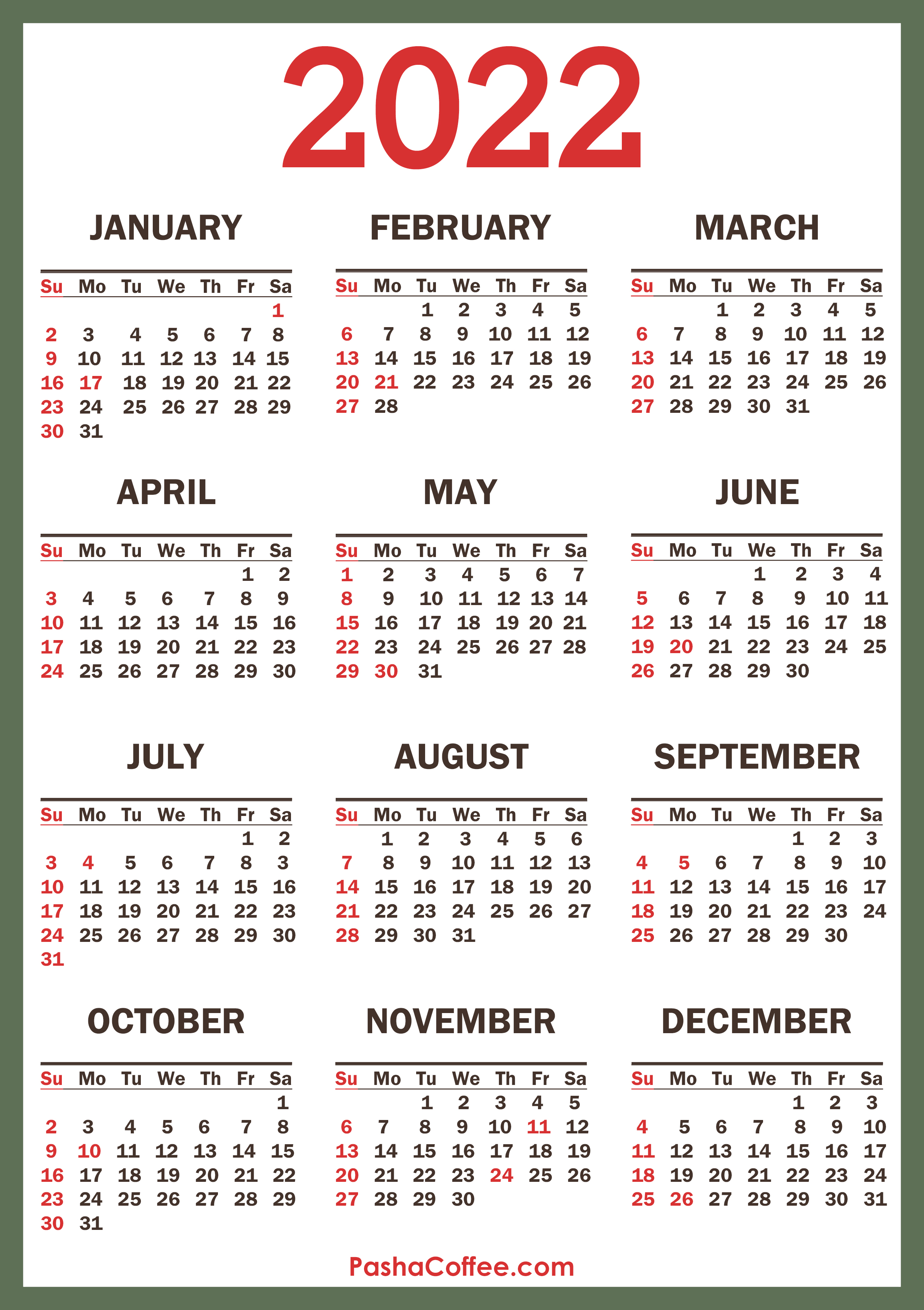 2022 calendar with holidays printable free vertical green pashacoffee com