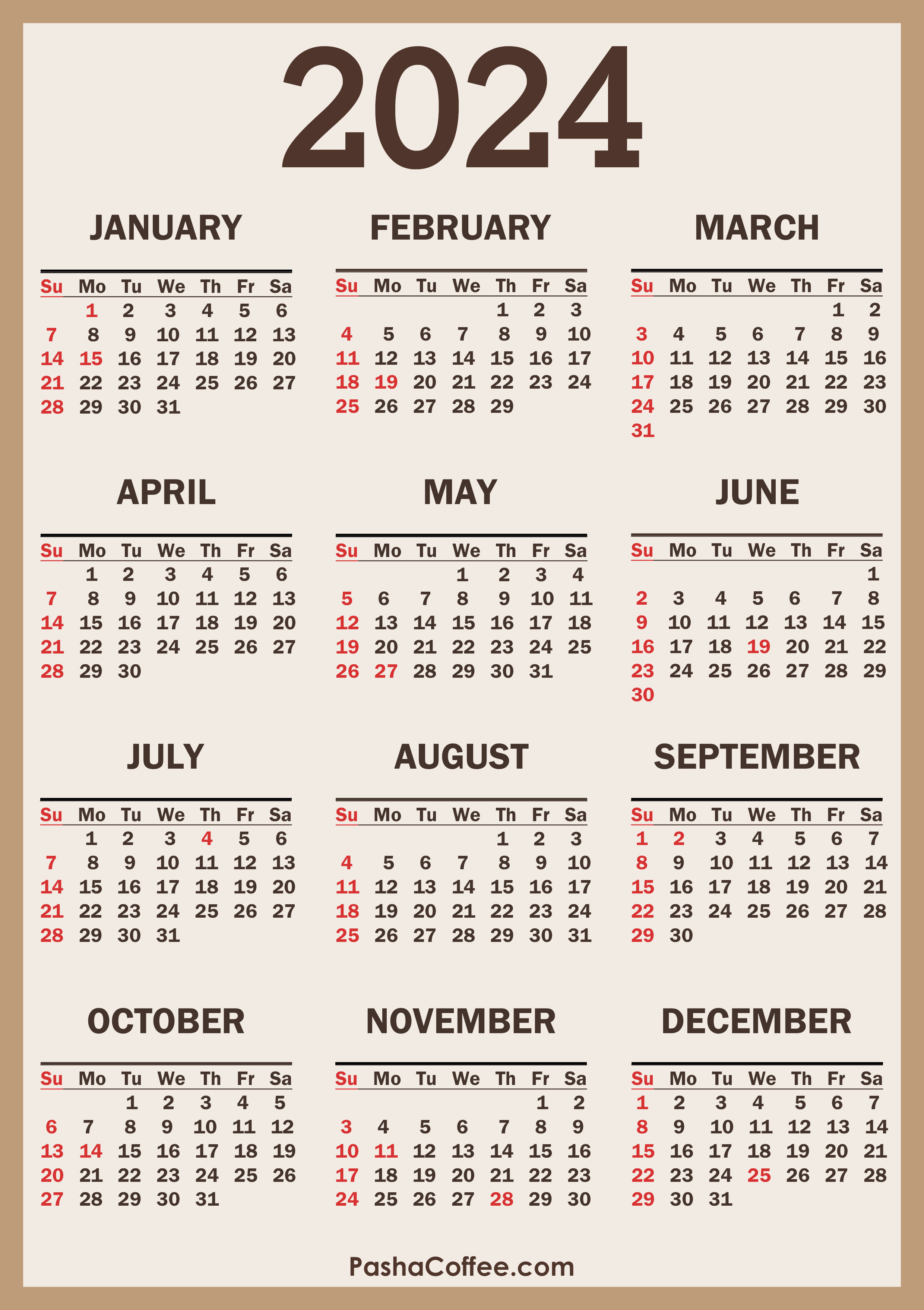 2024 Calendar Holidays US Beige SS 001 