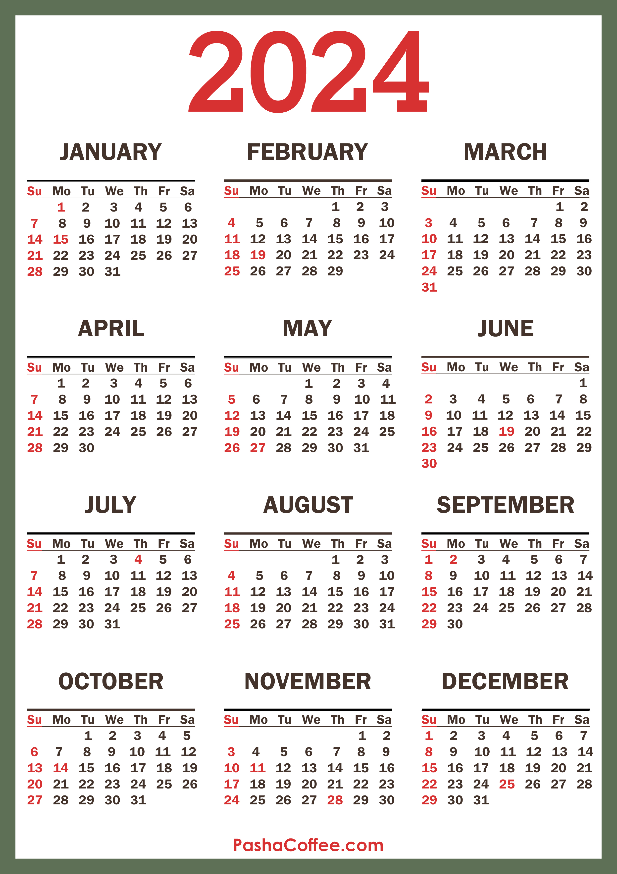 2024 Calendar Holidays US Green SS 001 
