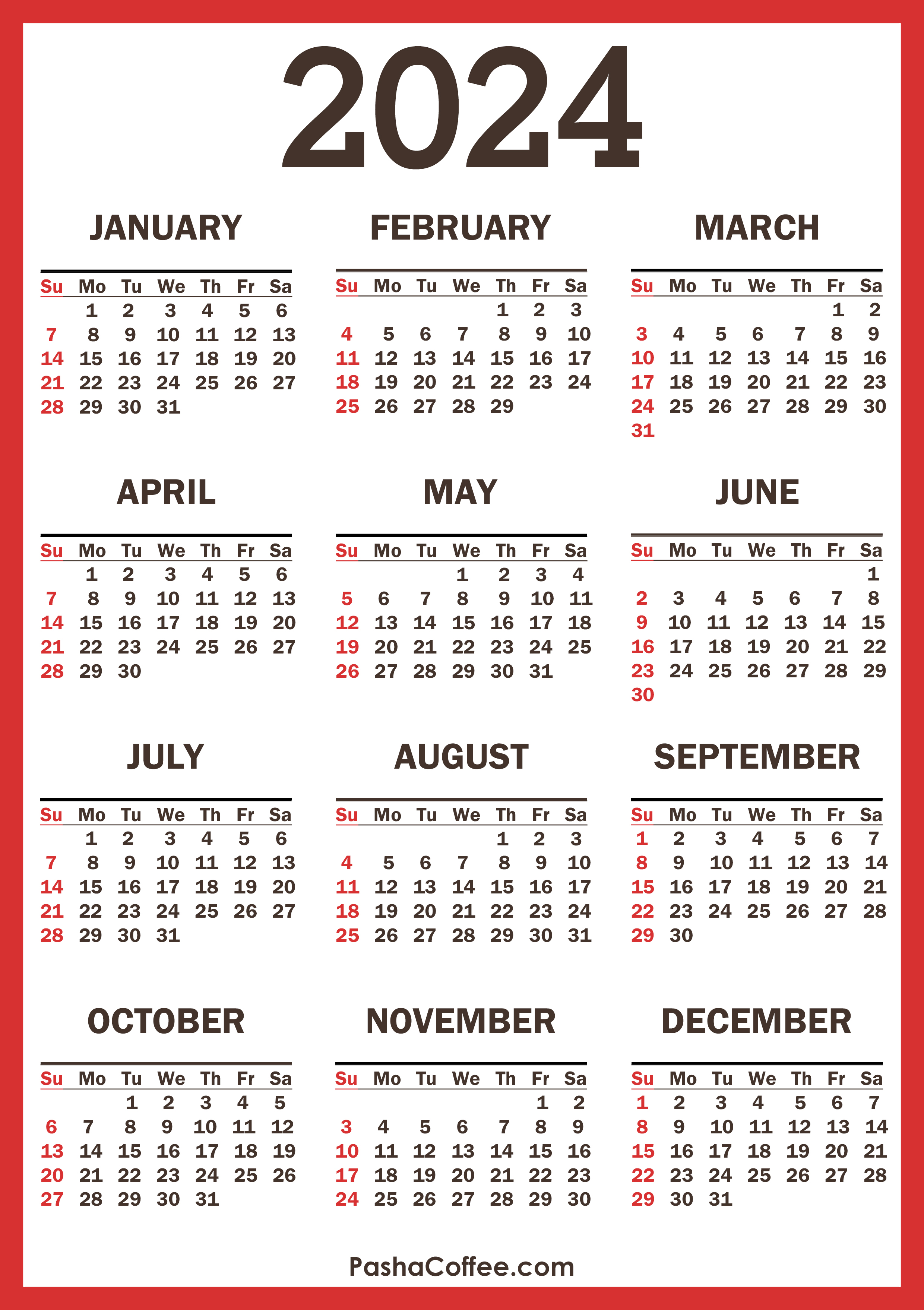 2024 Calendar Red SS 001 