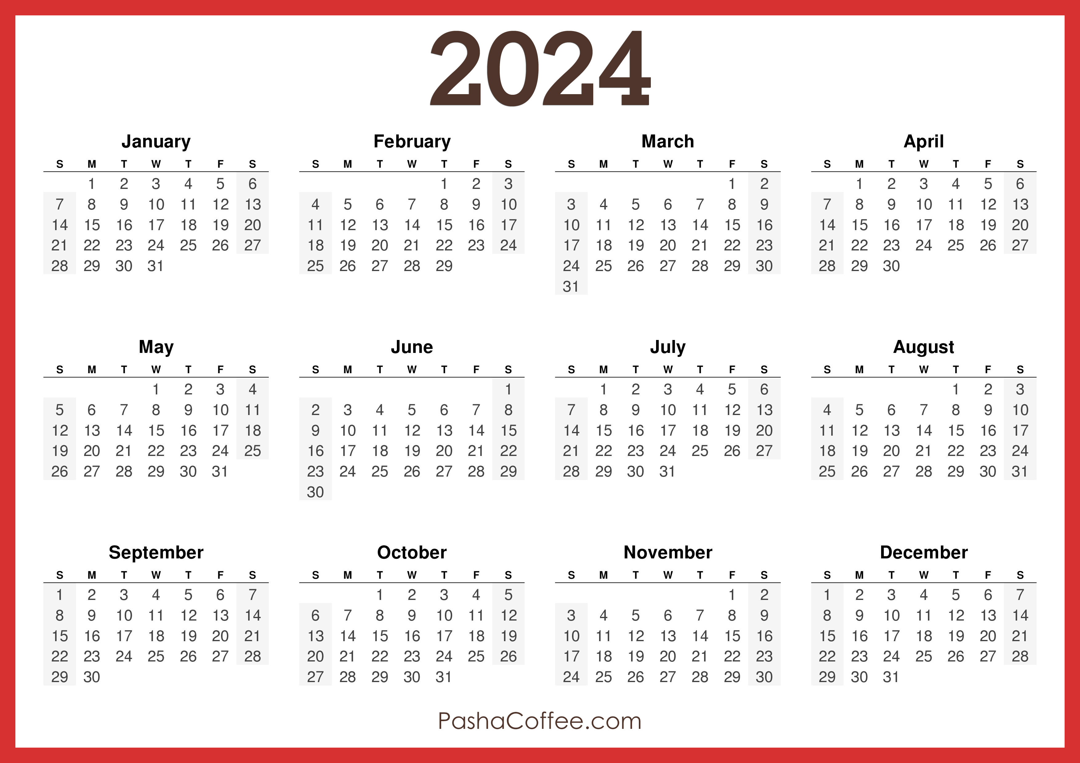 2024 Yearly Calendar Printable Free Pdf Download Lanni Modesta